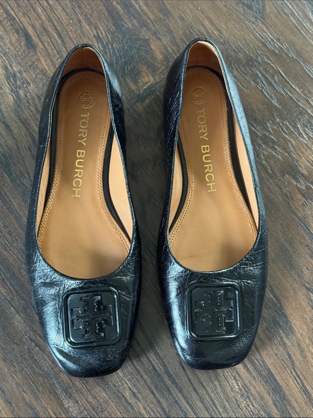 Tory Burch Black Leather Square-Toe Logo Flats